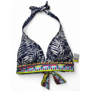 NWT JAG Women's Tropical Palm Print Halter Bikini Top Nautical Blue Size M